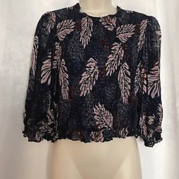 Zara Feather Print Sheer Shirred Blouse Crop Top - Picture 2 of 8
